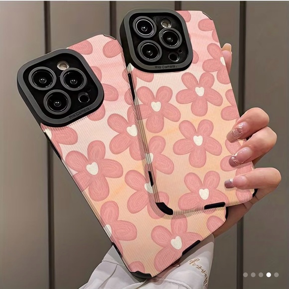 Apple iPhone Phone Case Vertical Stripes PU Leather Texture Pink Floral Pattern - Picture 2 of 3